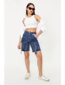 Trendyol Blue Normal Waist Denim Shorts with Cargo Pocket & Bermuda