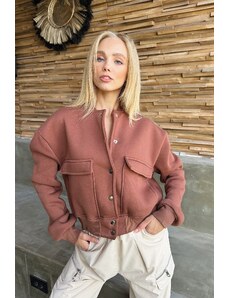 Trend Alaçatı Stili Women's Cinnamon Snap Closure Double Pocket Crop Jacket