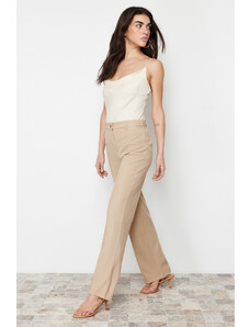 Trendyol Light Brown Straight/Straight Fit High Waist Ribbed Stitched Woven Trousers