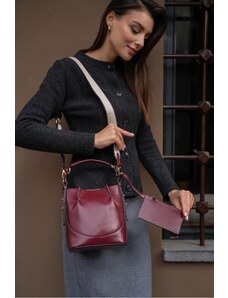Madamra Burgundy Women's Top-Stitched Wallet Bucket Bag