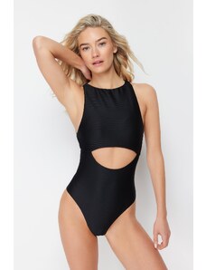Trendyol Black Halter Neck Cut Out/Windowed Textured Regular Swimsuit