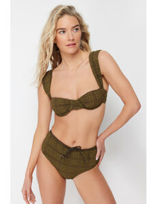 Trendyol Khaki Gingham Textured Balconette Bikini Top