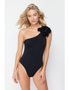 Trendyol Black Single Shoulder Floral Applique Regular Swimsuit