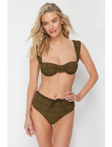 Trendyol Khaki Gingham Textured Accessory Textured High Waist Regular Bikini Bottom