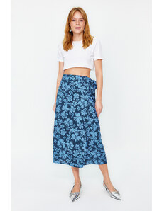 Trendyol Blue Floral Patterned Midi Woven Skirt