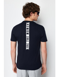 Trendyol Navy Blue Regular/Normal Fit Text Printed on Back 100% Cotton Short Sleeve T-Shirt