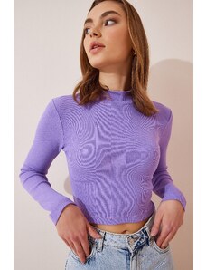 Happiness İstanbul Women's Lilac Ribbed Turtleneck Crop Knitted Blouse