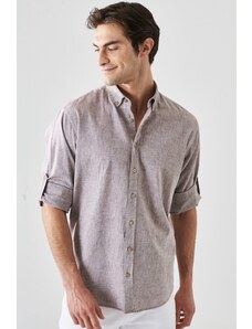 AC&Co / Altınyıldız Classics Men's Brown Comfort Fit Relaxed-Cut Buttoned Collar Casual Linen Shirt.