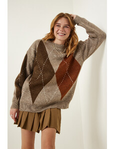 Happiness İstanbul Beige Premium Diamond Pattern Oversize Knitwear Sweater