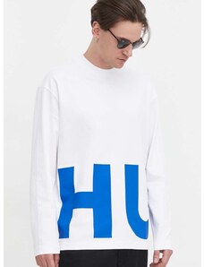 Bavlněné tričko s dlouhým rukávem Hugo Blue bílá barva, s potiskem