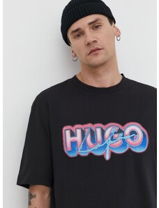 Bavlněné tričko Hugo Blue černá barva, s potiskem