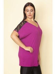 Şans Women's Plus Size Fuchsia Viscose Blouse with Lace Detail on the Shoulders and V-Neck