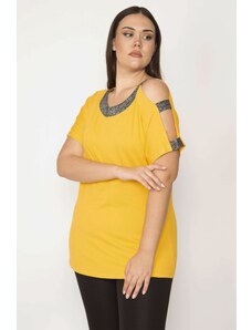 Şans Women's Plus Size Yellow One Shoulder And Collar Shimmer Detailed Blouse