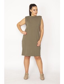 Şans Women's Plus Size Khaki Cotton Fabric Sports Dress With Padded Shoulders