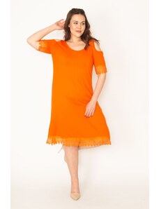 Şans Women's Plus Size Orange Decollete Decollete Orange Lace Dress