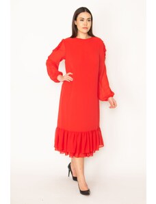 Şans Women's Large Size Red Shoulder Low-Cut Hem Flounced Lined Chiffon Long Dress