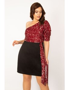 Şans Women's Plus Size Claret Red Top Sequin One-Shoulder Evening Dress