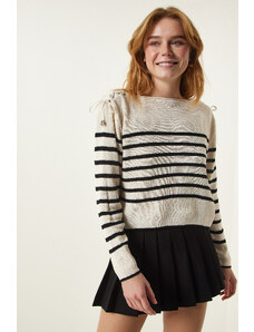 Happiness İstanbul Women's Cream Eyelet Detail Seasonal Striped Knitwear Sweater