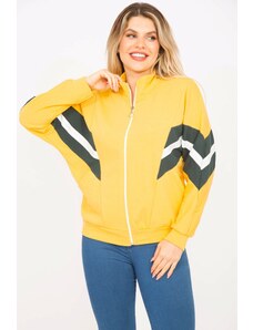 Şans Women's Plus Size Yellow 2 Thread Fabric Front Zipper And Stripe Detailed Sweatshirt