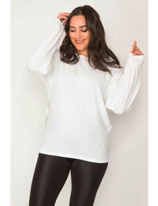 Şans Women's Plus Size Bone Cotton Fabric Crew Neck Sweatshirt with Print Detail on the Back
