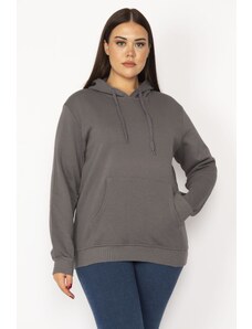 Şans Women's Plus Size Smoked Inner Collar 3 Threads Kangaroo Pocket Hooded Sweatshirt