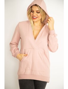 Şans Women's Plus Size Pink Rayon 2 Thread Fabric Wrapped Collar Hooded Sweatshirt