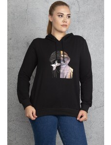 Şans Women's Plus Size Black Front Print And Stone Detail Hooded Sweatshirt