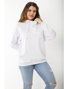 Şans Women's Plus Size Gray Inner Raising Three Thread Hooded Printed Back Sweatshirt