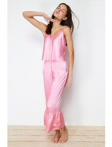 Trendyol Pink Flounce Detailed Capri Satin Woven Pajamas Set