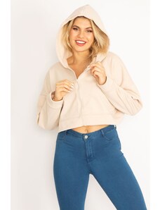 Şans Women's Plus Size Mink In Raised Fleece Fabric Hooded Front Zipper Short Sweatshirt