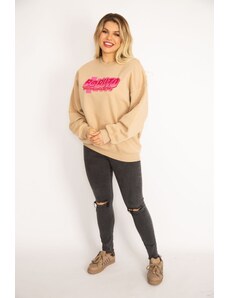 Şans Women's Plus Size Camel Sweatshirt with Rayon 3 Threads Fabric Back with Digital Print