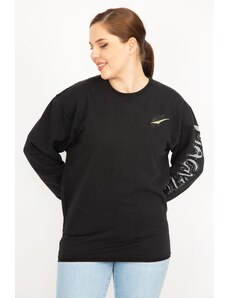 Şans Women's Black Plus Size Cotton Fabric Sleeve Detail Sweatshirt