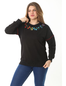 Şans Women's Plus Size Black Collar And Sleeves Embroidery Detail Sweatshirt