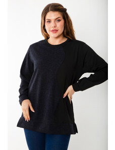 Şans Women's Plus Size Navy Blue Dueble Face Fabric Color Combination Sweatshirt