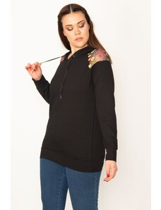 Şans Women's Large Size Black Sequin Detailed Hooded Sweatshirt