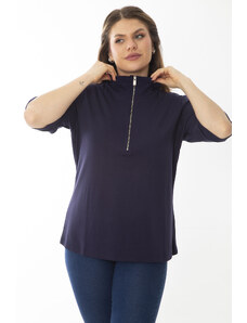 Şans Women's Large Size Navy Blue Zippered Short Sleeve Sweatshirt