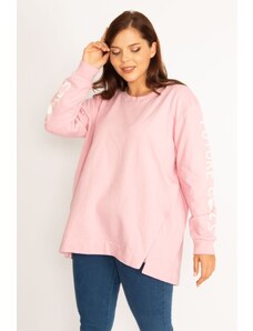 Şans Women's Pink Inner Framed Cotton Cotton Skirt With Two Side Zippers and Slits Sleeve Printed Sweatshirt.