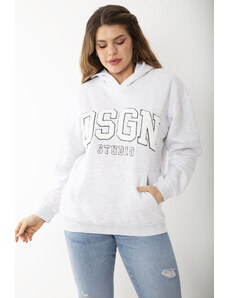 Şans Women's Plus Size Gray Inner Raising Embroidery And Kangaroo Pocket Detailed Hooded Sweatshirt
