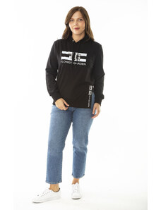 Şans Women's Plus Size Black Stones And Print Detailed Hooded Sweatshirt with Side Slits