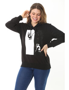 Şans Women's Plus Size Bone Stones And Print Detailed Hooded Sweatshirt