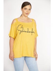 Şans Women's Large Size Mustard Strappy Shoulder Low-cut Lacquer Printed Blouse