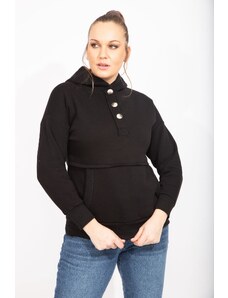 Şans Women's Black Rayon 2 Thread Fabric Front Pat with Buttons Kangaroo Pocket And Hooded Sweatshirt
