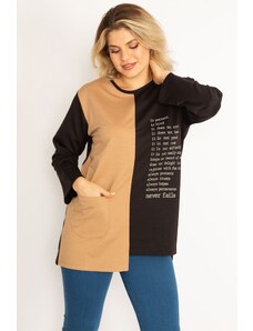 Şans Women's Plus Size Camel Print And Pocket Detailed Color Combination Sweatshirt