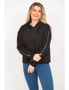 Şans Women's Plus Size Black Hooded Sweatshirt with Piping Detailed Sleeves
