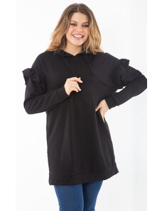 Şans Women's Plus Size Black Inner Raising Three Thread Sleeve Detailed Hooded Sweatshirt