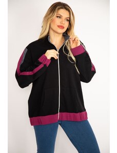 Şans Women's Large Size Black Front Zipper Kangaroo Pocket Sweatshirt Coat