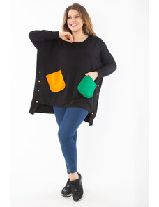 Şans Women's Plus Size Black Comfortable Cut Color Combination Sweatshirt