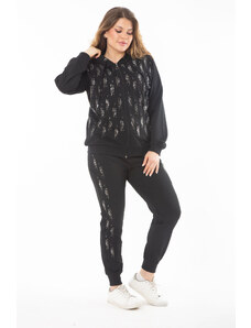 Şans Women's Plus Size Black Stone Detailed Front Zipper Hooded Sweatshirt Trousers Double Suit