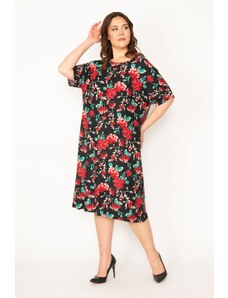 Şans Women's Plus Size Colorful Crew Neck Low Sleeve Floral Pattern Dress