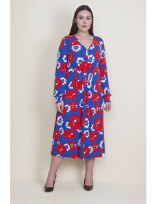 Şans Women's Plus Size Viscose Floral Pattern Dress With Sax Elastic And Ornamental Button Detail